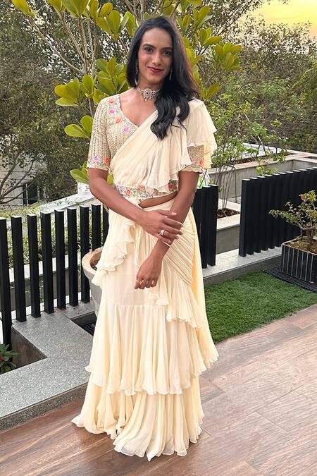 Paulmi And Harsh Off White Georgette And Cotton Silk Resham Layered Pre-draped Saree With Blouse