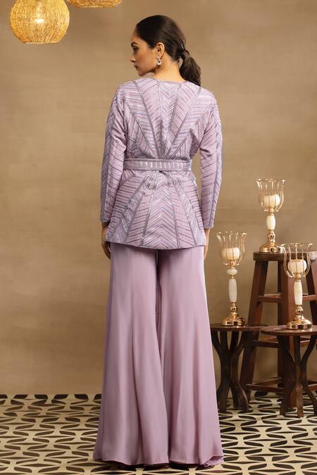 Shop Isha & Shreya Purple Silk Crepe Sequins, Cut Dana Plunge Raina Embellished Jacket Sharara Set at Aza Fashions Shop_Isha & Shreya_Purple Silk Crepe Sequins, Cut Dana Plunge Raina Embellished Jacket Sharara Set_at_Aza_Fashions