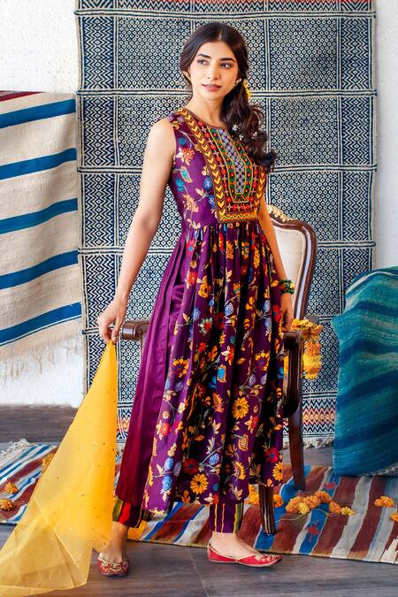 Buy_Shachi Sood_Purple Dupion Silk Kalamkari Print, Sequins And Beads Gathered Kurta Set _Online_at_Aza_Fashions