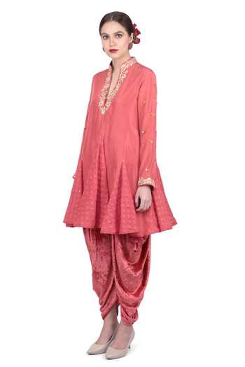 Nikasha_Pink Silk, Velvet, Jamdani Dobby Mandarin Collar Embroidered Kurta Dhoti Set _Online_at_Aza_Fashions