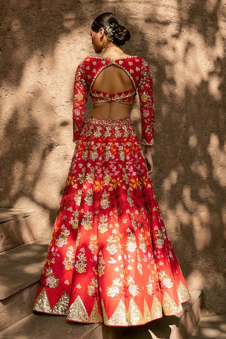 Shop_Ahanthem By Reena_Red Raw Silk Sequin, Thread Work V Neck Floral Embroidered Bridal Lehenga Set_Online_at_Aza_Fashions