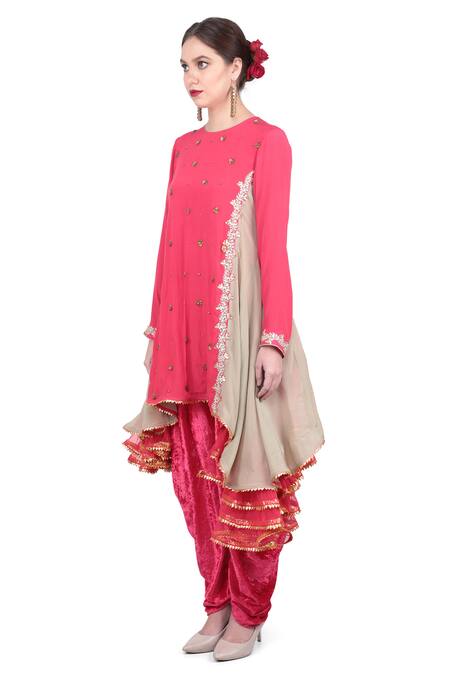 Nikasha Red Velvet, Crepe Round Embroidered Kurta Dhoti Pant Set Online at Aza Fashions Nikasha_Red Velvet, Crepe Round Embroidered Kurta Dhoti Pant Set _Online_at_Aza_Fashions
