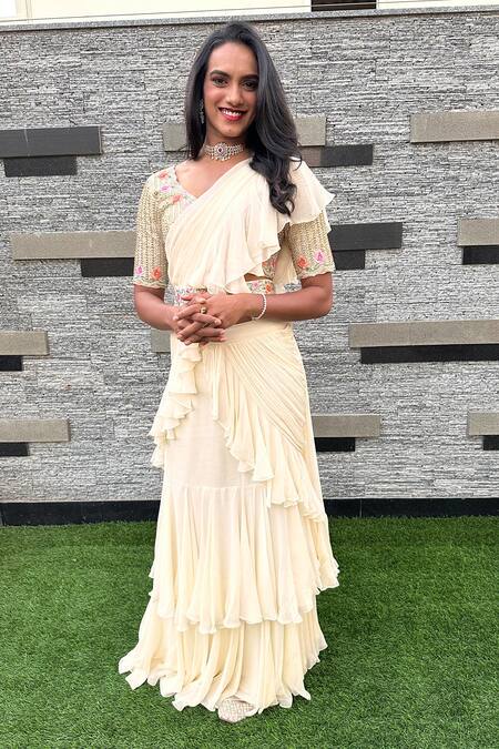 Buy_Paulmi And Harsh_Off White Georgette And Cotton Silk Resham Layered Pre-draped Saree With Blouse_Online_at_Aza_Fashions