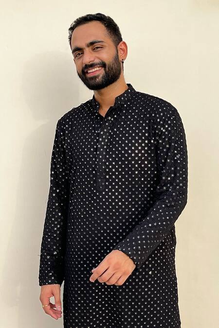 Shop_Hilo Design_Black Georgette, Satin Mirrors Work Kurta For Kids_Online_at_Aza_Fashions