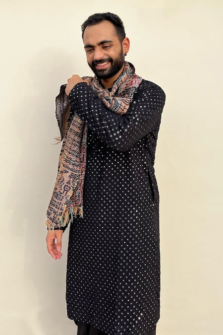 Hilo Design_Black Georgette Mirror Kurta For Kids_Online_at_Aza_Fashions