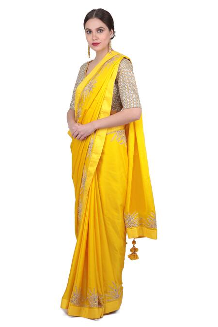 Nikasha_Yellow Satin Silk Leaf Neck Embroidered Saree With Blouse _Online_at_Aza_Fashions