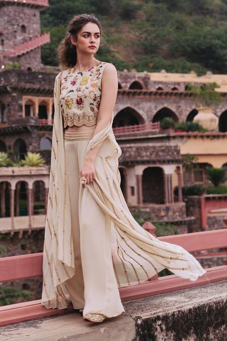 Samatvam By Anjali Bhaskar Off White Georgette Shantoon Crop Top Round Hand Embroidered Pant Set 