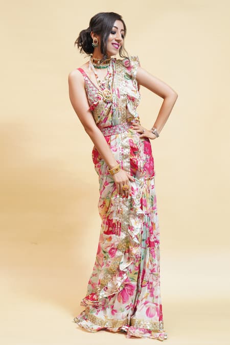 Buy Gopi Vaid Red Cotton Silk U Neck Pre-draped Saree With Blouse Online at Aza Fashions Buy_Gopi Vaid_Red Cotton Silk U Neck Pre-draped Saree With Blouse _Online_at_Aza_Fashions