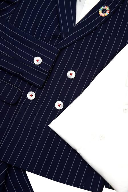 Partykles_Blue Terry Rayon Striped Blazer Set _Online_at_Aza_Fashions