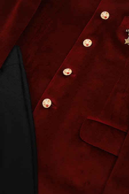 Partykles Red Velvet Jodhpuri Jacket Set Online at Aza Fashions Partykles_Red Velvet Jodhpuri Jacket Set _Online_at_Aza_Fashions