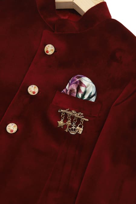 Shop Partykles Red Velvet Jodhpuri Jacket Set at Aza Fashions Shop_Partykles_Red Velvet Jodhpuri Jacket Set _at_Aza_Fashions