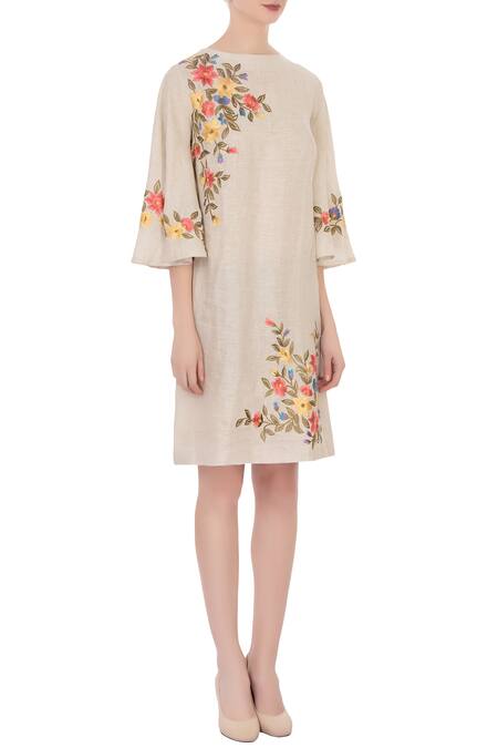 Aqube By Amber Beige Linen Embroidered Short Dress Online at Aza Fashions Aqube By Amber_Beige Linen Embroidered Short Dress_Online_at_Aza_Fashions