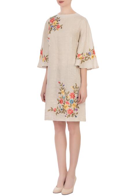 Buy Aqube By Amber Beige Linen Embroidered Short Dress Online at Aza Fashions Buy_Aqube By Amber_Beige Linen Embroidered Short Dress_Online_at_Aza_Fashions