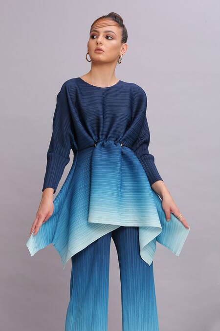 Shop_Pleats By Aruni_Blue Polyester Ombre Pleated Tunic And Pant Set_at_Aza_Fashions