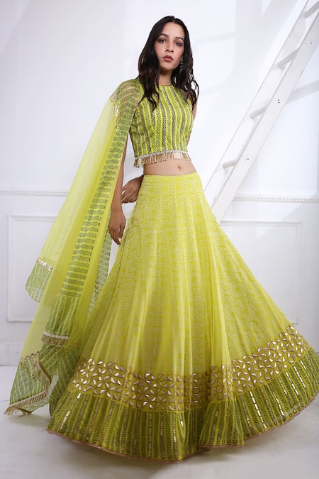 Pooja Rajgarhia Gupta Green Organza, Georgette Round Printed Lehenga Set 