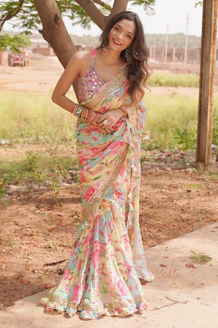 Shop_Gopi Vaid_Multi Color Cotton Silk V Neck Floral Print Saree With Blouse _at_Aza_Fashions