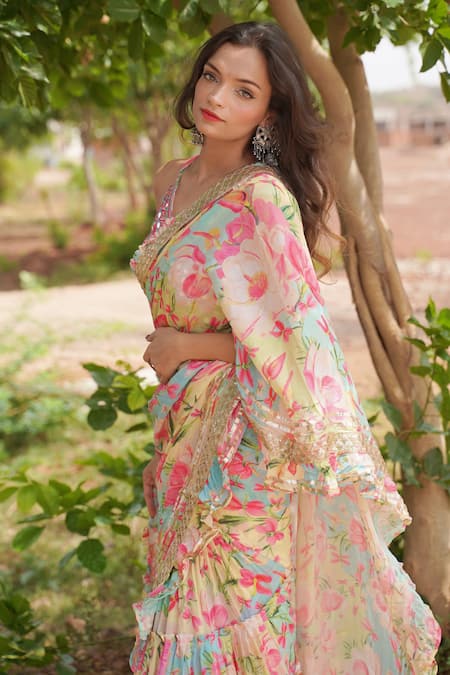 Shop_Gopi Vaid_Multi Color Cotton Silk V Neck Floral Print Saree With Blouse _Online_at_Aza_Fashions