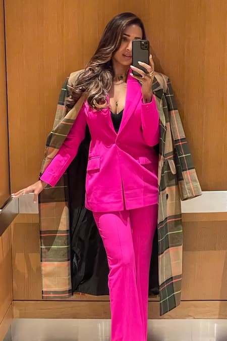 Shop Mandira Wirk Resort Pink Scuba Lapel Collar Balzer And Pant Set at Aza Fashions Shop_Mandira Wirk Resort_Pink Scuba Lapel Collar Balzer And Pant Set _at_Aza_Fashions