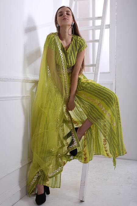 Pooja Rajgarhia Gupta_Green Net, Georgette, Cotton Satin Round Printed Top And Pant Set _Online_at_Aza_Fashions