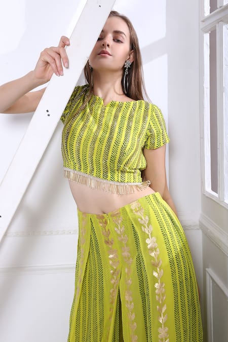 Buy_Pooja Rajgarhia Gupta_Green Net, Georgette, Cotton Satin Round Printed Top And Pant Set _Online_at_Aza_Fashions
