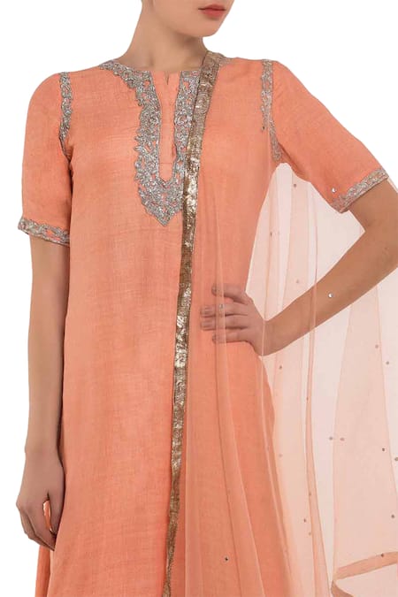 Neha Khullar_Peach Embroidered Kurta Set _Online_at_Aza_Fashions