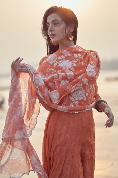 Shop Paulmi And Harsh Orange Anarkali And Pant Mul Cotton Dupatta Chanderi Round Set Shop_Paulmi And Harsh_Orange Anarkali And Pant Mul Cotton Dupatta Chanderi Round Set