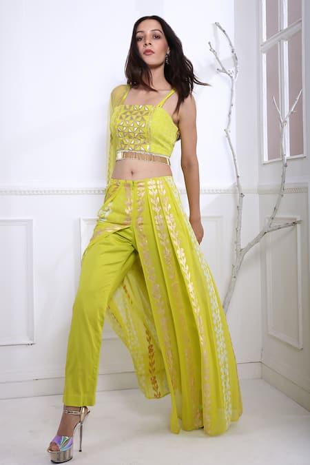 Shop Pooja Rajgarhia Gupta Green Net, Georgette, Cotton Satin Square Neck Printed Top And Pant Set at Aza Fashions Shop_Pooja Rajgarhia Gupta_Green Net, Georgette, Cotton Satin Square Neck Printed Top And Pant Set _at_Aza_Fashions