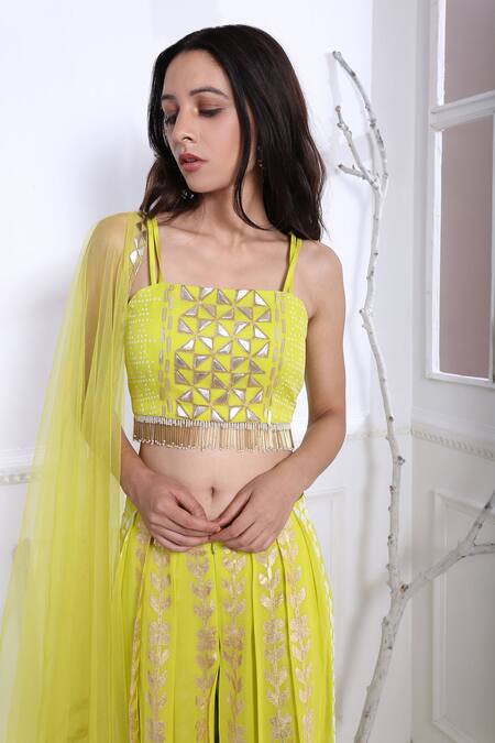 Shop Pooja Rajgarhia Gupta Green Net, Georgette, Cotton Satin Square Neck Printed Top And Pant Set Online at Aza Fashions Shop_Pooja Rajgarhia Gupta_Green Net, Georgette, Cotton Satin Square Neck Printed Top And Pant Set _Online_at_Aza_Fashions