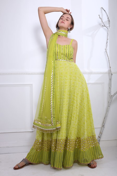 Pooja Rajgarhia Gupta Green Net, Georgette Leaf Neck Printed Anarkali With Dupatta
