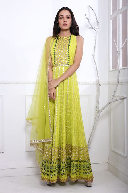 Shop Pooja Rajgarhia Gupta Green Net, Georgette Round Printed Anarkali With Dupatta at Aza Fashions Shop_Pooja Rajgarhia Gupta_Green Net, Georgette Round Printed Anarkali With Dupatta _at_Aza_Fashions