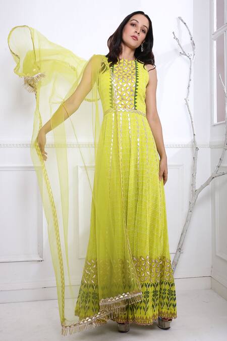 Pooja Rajgarhia Gupta Green Net, Georgette Round Printed Anarkali With Dupatta Online at Aza Fashions Pooja Rajgarhia Gupta_Green Net, Georgette Round Printed Anarkali With Dupatta _Online_at_Aza_Fashions