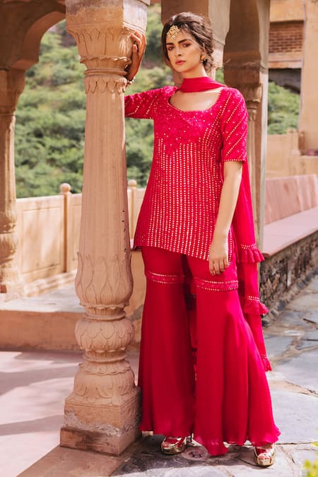 Samatvam By Anjali Bhaskar Pink Georgette, Satin Square Neck Embellished Kurta Sharara Set