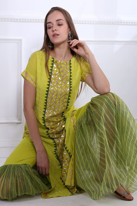 Buy_Pooja Rajgarhia Gupta_Green Organza, Georgette, Cotton Satin Round Embroidered Kurta And Sharara Set _Online_at_Aza_Fashions
