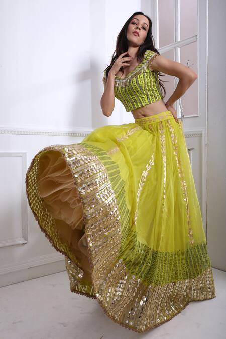 Pooja Rajgarhia Gupta_Green Organza, Georgette, Cotton Satin One Shoulder Lehenga Set _Online_at_Aza_Fashions