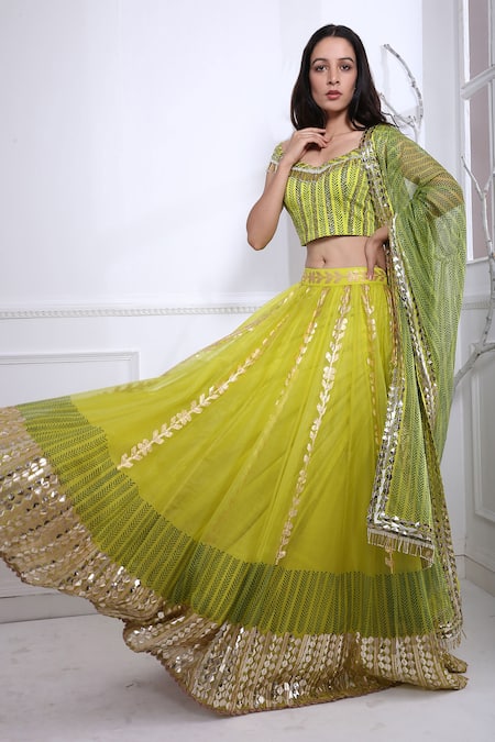 Buy_Pooja Rajgarhia Gupta_Green Organza, Georgette, Cotton Satin One Shoulder Lehenga Set _Online_at_Aza_Fashions
