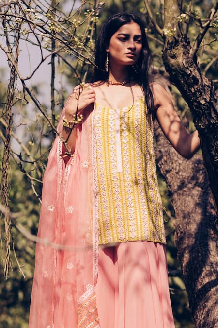 Shop Madzin Yellow Kurta And Pant Georgette Dupatta Hand Embroidered Sharara Set at Aza Fashions Shop_Madzin_Yellow Kurta And Pant Georgette Dupatta Hand Embroidered Sharara Set _at_Aza_Fashions