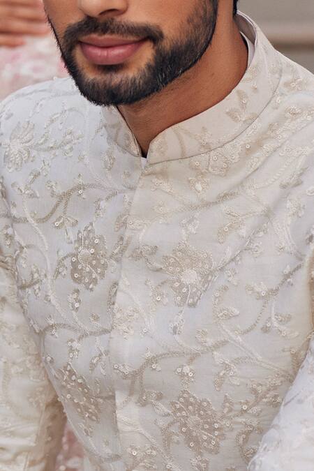Shop_Sawan Gandhi_White Sherwani Chanderi Silk Stole Handloom Organza Embroidered With_at_Aza_Fashions