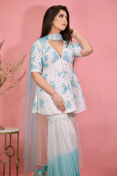Buy Nitisha Kashyap Official Blue Net, Georgette, Silk Sequins, Beads Floral Embroidered Kurta Gharara Set Buy_Nitisha Kashyap Official_Blue Net, Georgette, Silk Sequins, Beads Floral Embroidered Kurta Gharara Set
