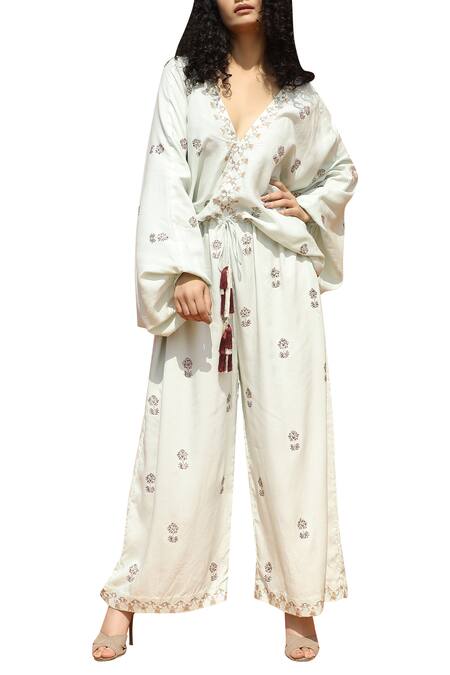 Bohame_Green Cotton Crepe V-shaped Printed Jumpsuit _Online_at_Aza_Fashions