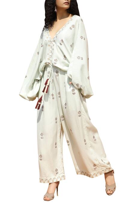 Buy_Bohame_Green Cotton Crepe V-shaped Printed Jumpsuit _Online_at_Aza_Fashions
