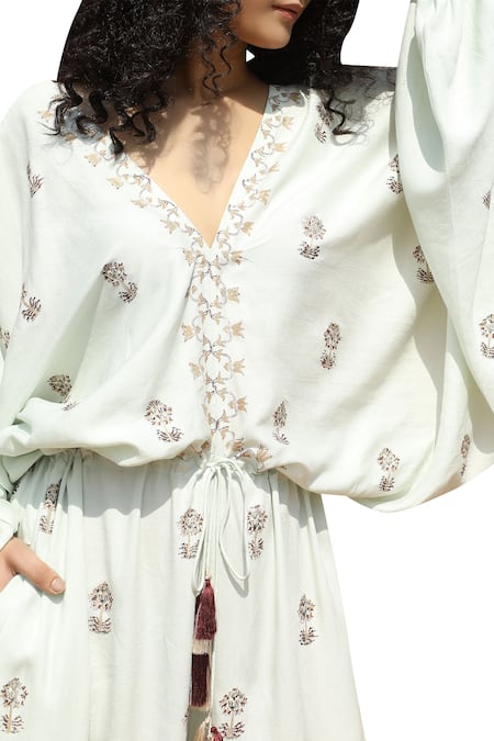 Shop_Bohame_Green Cotton Crepe V-shaped Printed Jumpsuit _Online_at_Aza_Fashions