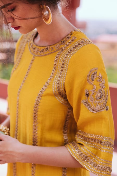 Samatvam By Anjali Bhaskar Yellow Cotton, Chanderi, Shantoon Round Embroidered Kurta Set at Aza Fashions Samatvam By Anjali Bhaskar_Yellow Cotton, Chanderi, Shantoon Round Embroidered Kurta Set _at_Aza_Fashions
