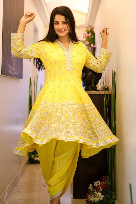Shop_Gopi Vaid_Yellow Anarkali Mulmul Dhoti V Neck Embroidered And Pant Set _at_Aza_Fashions