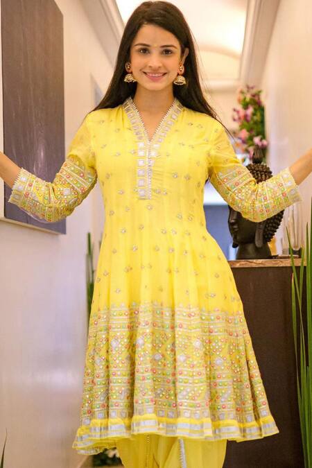 Buy_Gopi Vaid_Yellow Anarkali Mulmul Dhoti V Neck Embroidered And Pant Set _Online_at_Aza_Fashions