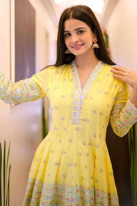 Shop_Gopi Vaid_Yellow Anarkali Mulmul Dhoti V Neck Embroidered And Pant Set _Online_at_Aza_Fashions