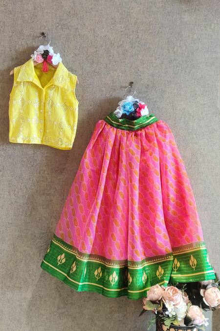 Little Secrets Pink Cotton Embroidered Geometric Printed Lehenga And Top Set 