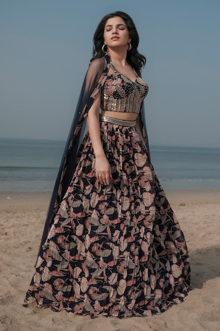Basanti - Kapde Aur Koffee Blue Viscose Organza, Dupatta Soft Net Floral Pattern Print Corset Lehenga Set at Aza Fashions Basanti - Kapde Aur Koffee_Blue Viscose Organza, Dupatta Soft Net Floral Pattern Print Corset Lehenga Set _at_Aza_Fashions