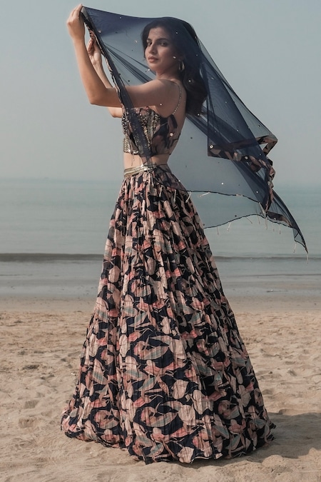 Shop_Basanti - Kapde Aur Koffee_Blue Viscose Organza, Dupatta Soft Net Floral Pattern Print Corset Lehenga Set 