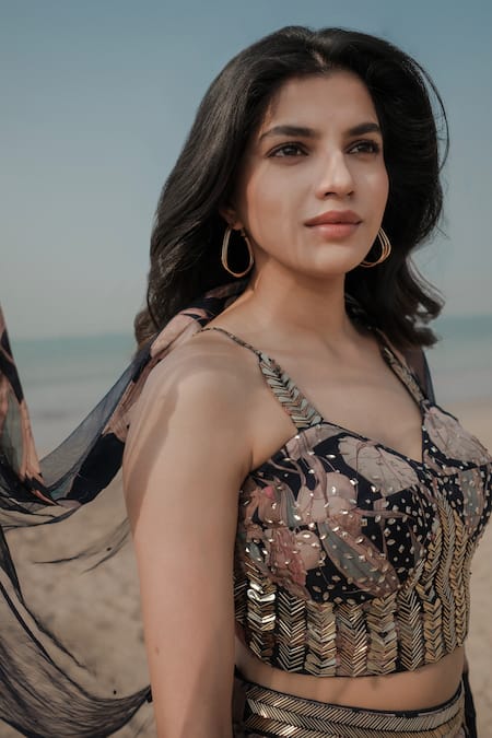 Shop_Basanti - Kapde Aur Koffee_Blue Viscose Organza, Dupatta Soft Net Floral Pattern Print Corset Lehenga Set