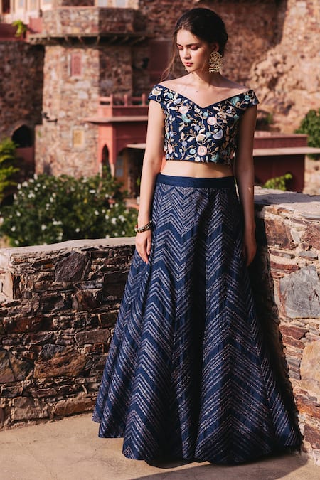 Samatvam By Anjali Bhaskar Blue Silk Shantoon V-shaped Neckline Skirt Set 